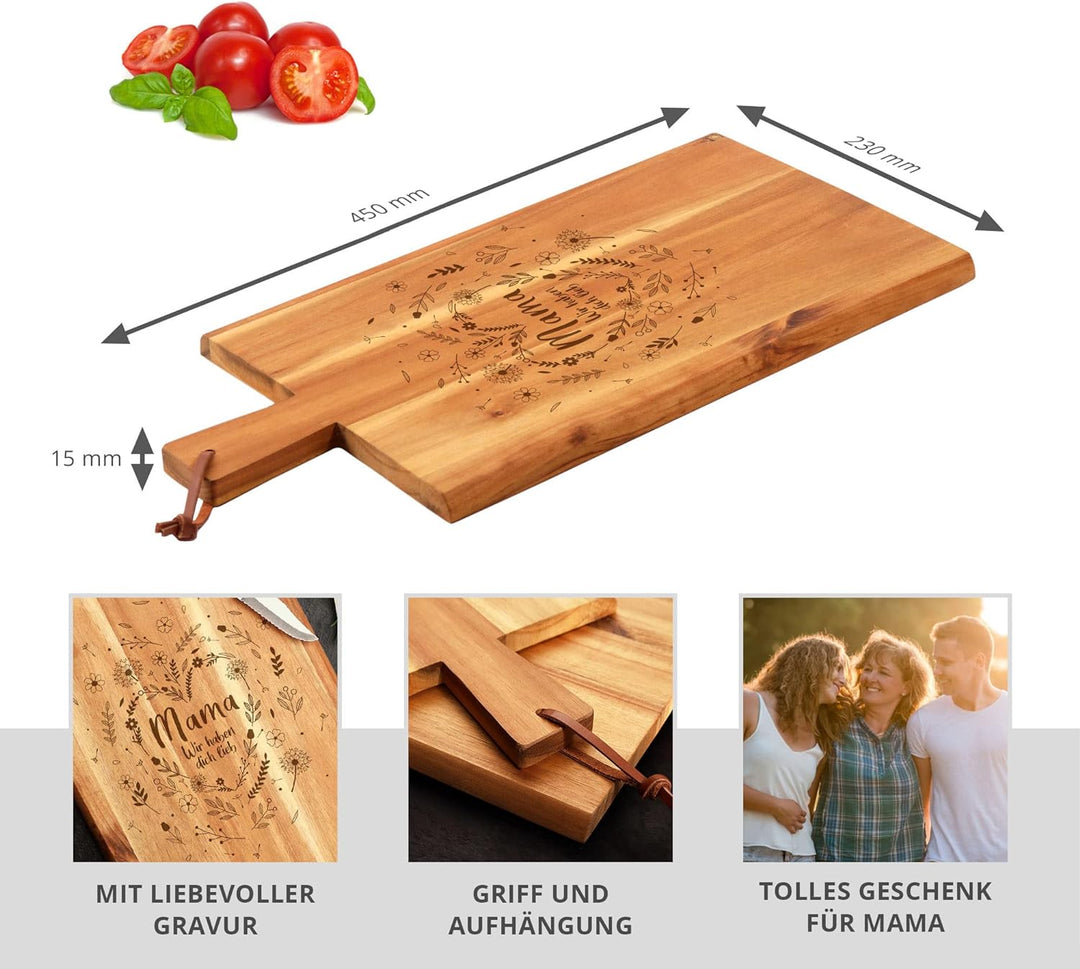 Holz Schneidebrett mit Griff für Mama, Frühstücksbrettchen mit Blumenherz Gravur, Geschenk für Mama