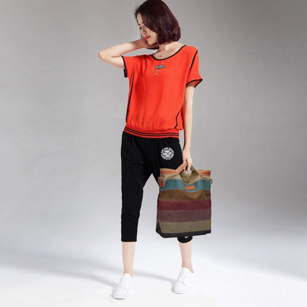 Damen Handtasche,KAUKKO Multi Color Striped Canvas Damen Handtasche Damen Wildleder Schultertasch Um