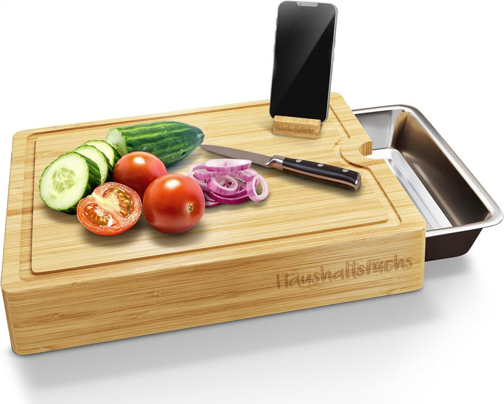 HaushaltsFuchs® Premium 100% FSC® Bambus Schneidebrett mit grosser Auffangschale inkl. Handyhalterun