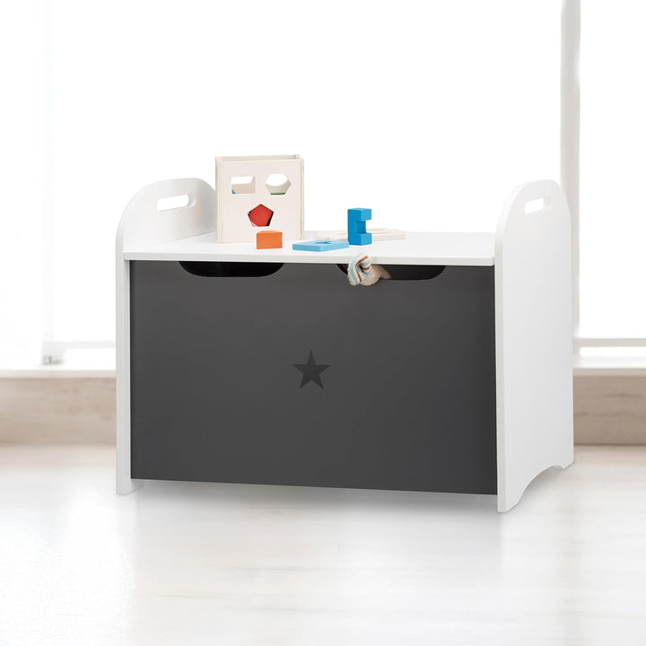 Relaxdays, Weiss-Grau Spielzeugtruhe für Kinder, Stauraum für Spielzeug, Sitzbank m. Deckel, HBT 47x