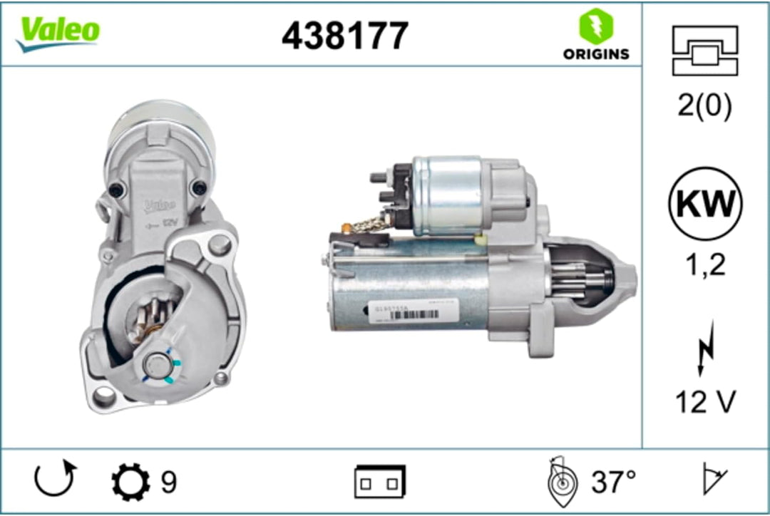 VALEO 438177 Starter Nennleistung: 1,2 kW Stop &amp; Start: NO Zähnezahl: 9 zähne Spannung: 12 V Drehric