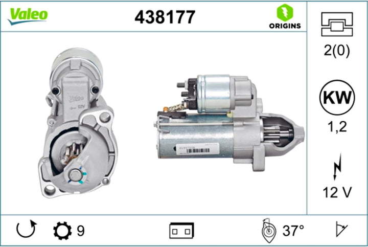 VALEO 438177 Starter Nennleistung: 1,2 kW Stop &amp; Start: NO Zähnezahl: 9 zähne Spannung: 12 V Drehric
