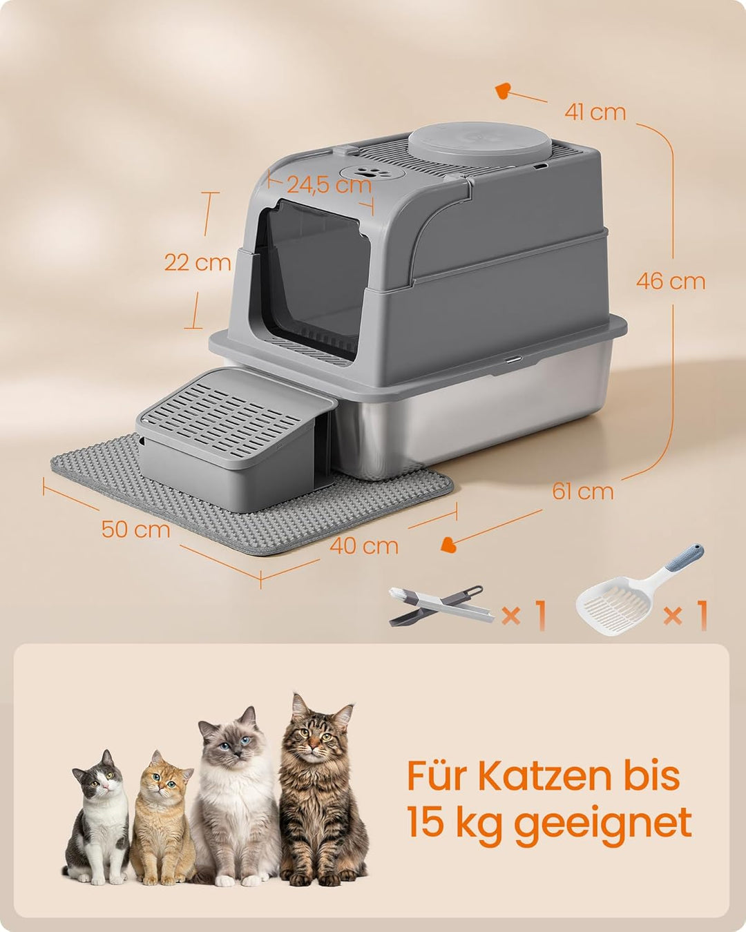 Feandrea Katzenklo Edelstahl, Katzentoilette mit Deckel, geschlossen, 2 Eingänge, inklusive Schaufel