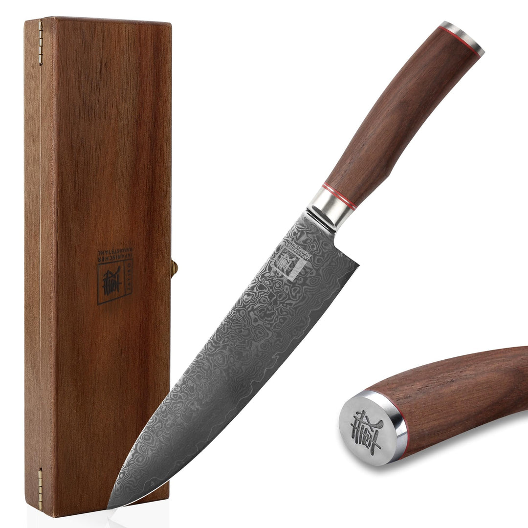 zayiko Kurumi Chefmesser 20 cm aus 67 Lagen Damaststahl, Nussbaumholzgriff | VG10 Kern, 60 ± 2 HRC,