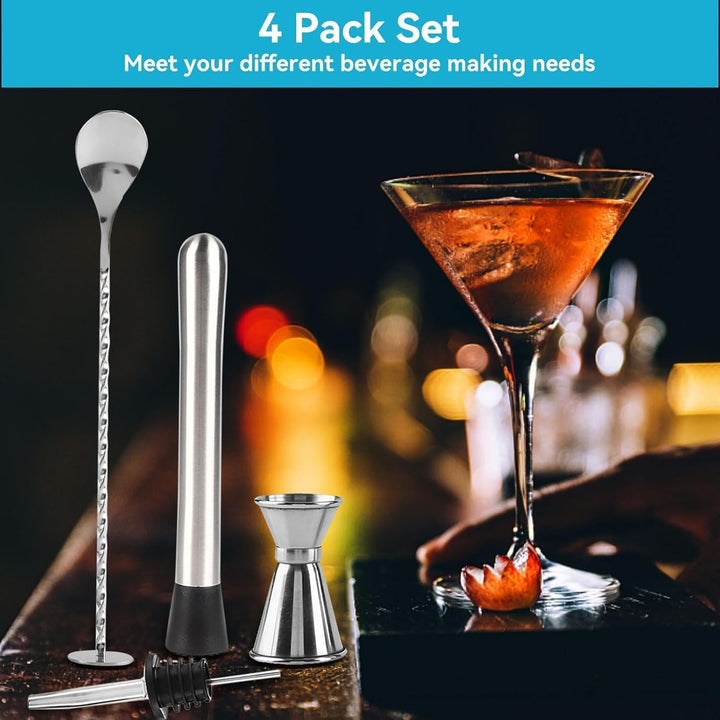 4Pcs Cocktail Stössel Aus Edelstahl Mit Stössel Rührlöffel, Edelstahl Cocktail Muddler Stampfer Moji