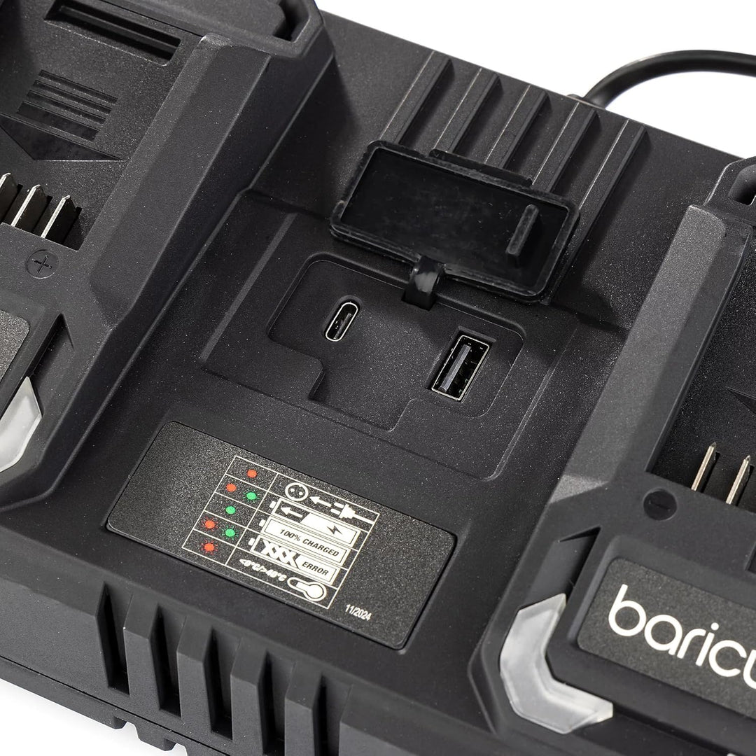 Baricus Doppelladegerät 18V – Ladegerät geeignet für alle 18V 2Ah & 4Ah Akkus - mit USB & USB-C - B-
