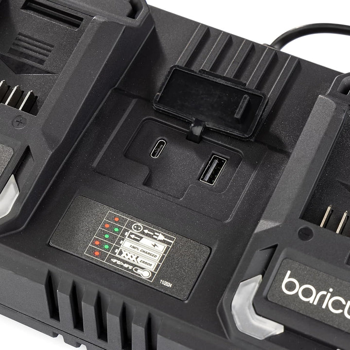 Baricus Doppelladegerät 18V – Ladegerät geeignet für alle 18V 2Ah & 4Ah Akkus - mit USB & USB-C - B-