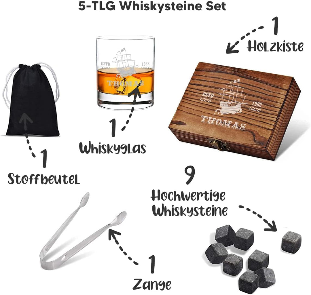 5-TLG Whisky Steine Set personalisiert - 9x Eiswürfel, 1x Holzkiste, 1x Zange, 1x Whiskyglas und 1x