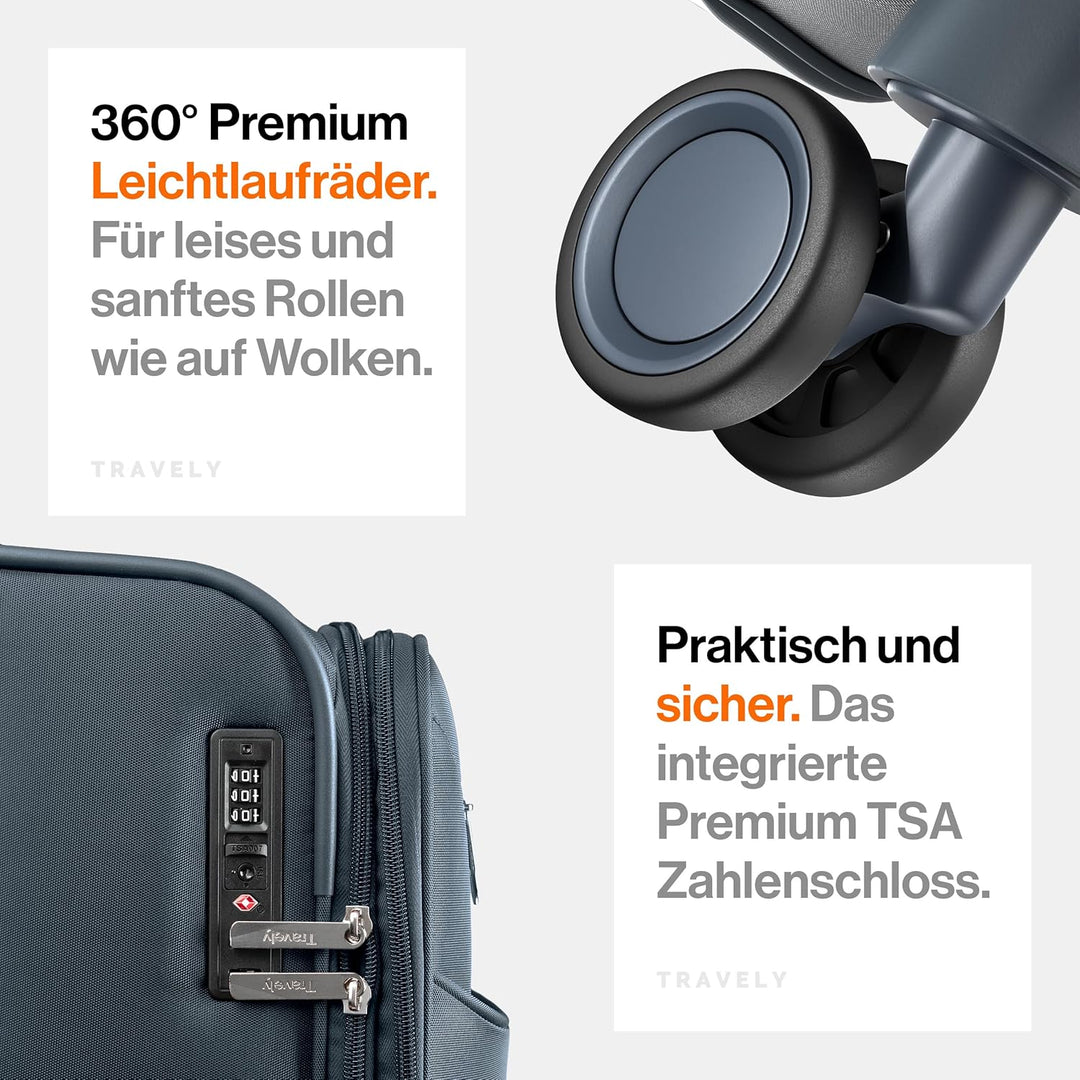 Travely Stoffkoffer L - Koffer mittelgross mit 4 Rollen und TSA Zahlenschloss - weichter Weichschale