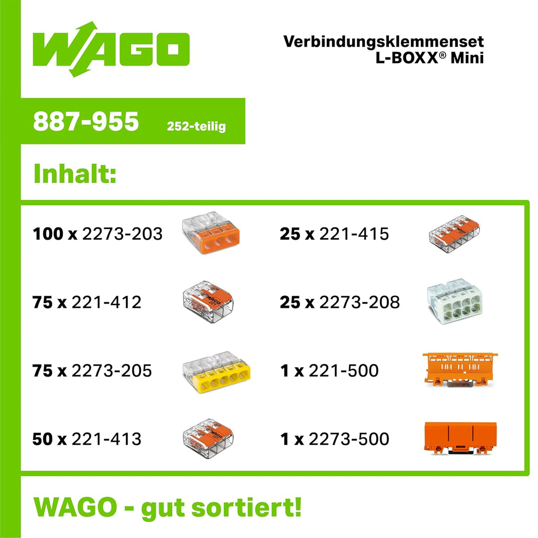 WAGO® Original-Set, L-Boxx Mini, Verbindungsklemmen mit Hebel, Dosenklemmen, 887-955 (352 Teile) 887