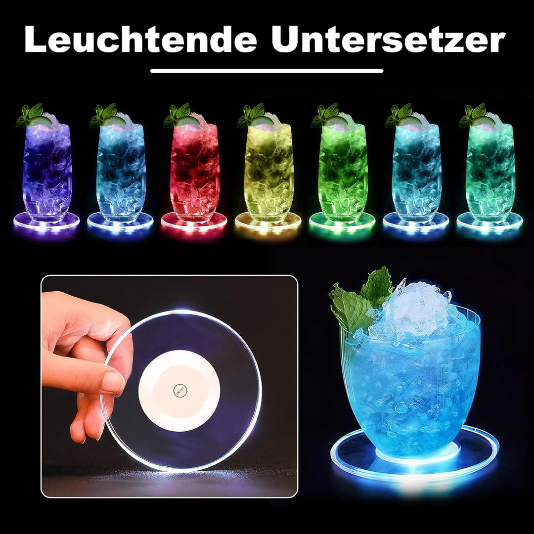 8 Stück LED Untersetzer,Bunt LED Untersetzer mit 7 Lichtmodi,acryl Rund wasserdichtes Leuchtunterset