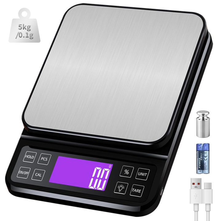 Grosse Küchenwaage Digital, 5kg 0,1g Backwaage mit%-Funktion Schwarz-5kg, Schwarz-5kg