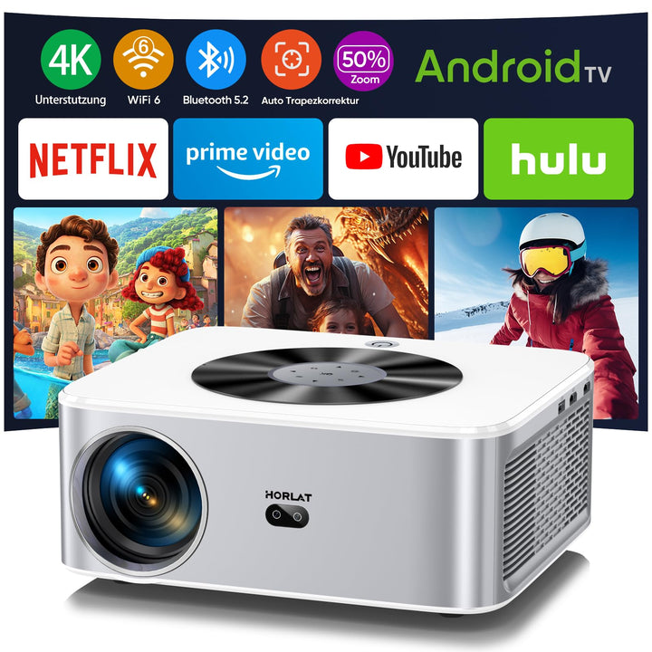 Beamer, HORLAT 28000 Lumen Beamer 4K Heimkino, WiFi 6 Bluetooth Beamer Outdoor, Auto/4P Trapezkorrek