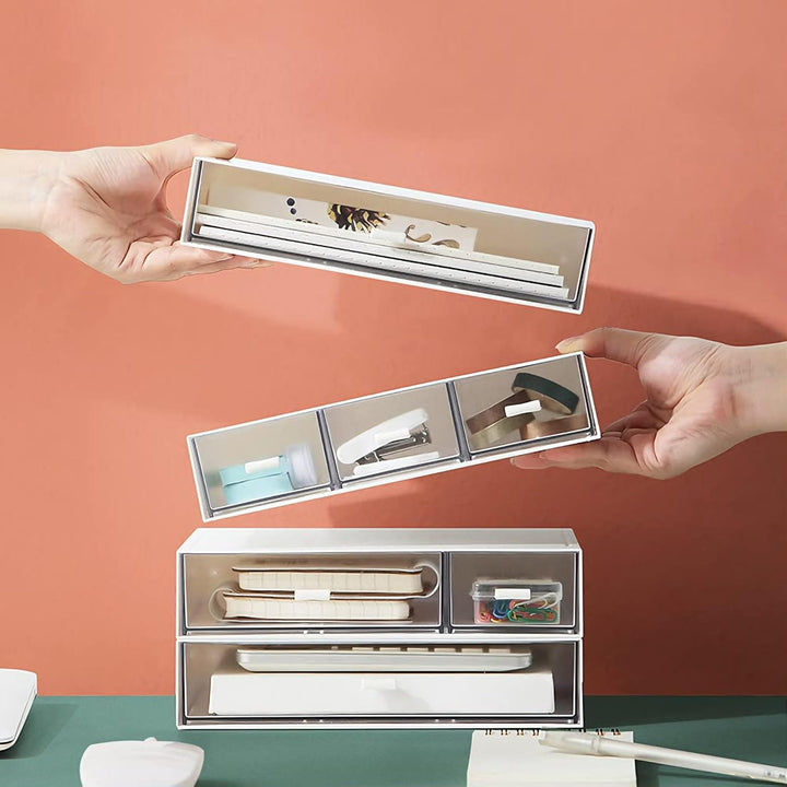 Schreibtisch Organizer Set, 3 Stapelbare Aufbewahrungsboxen mit 6 Schubladen, Multifunktionale Ordnu
