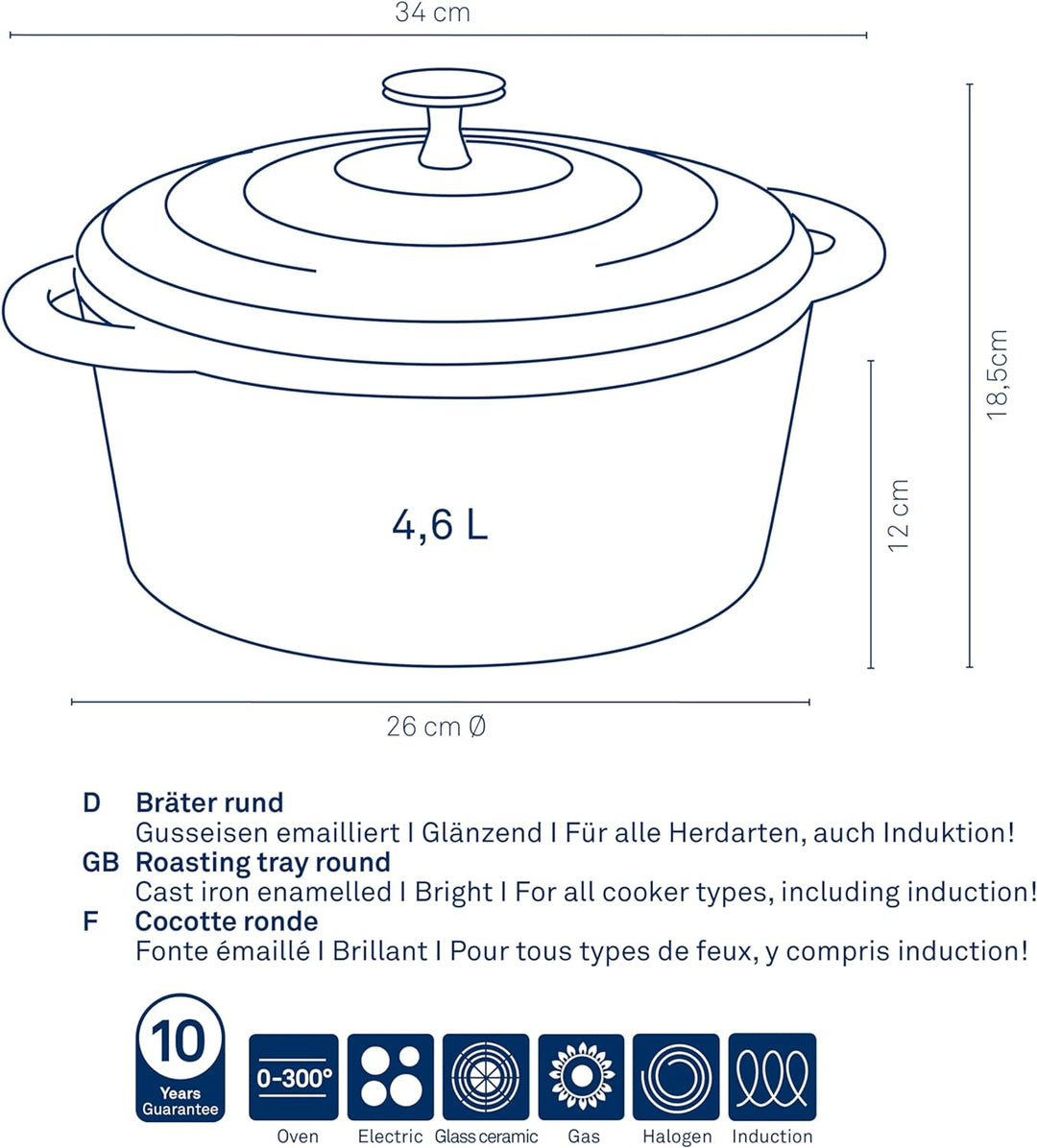 kela Bräter Calido, Ø 26 cm, 4,6 L, Gusseisen, hellgrau, rund, Allherdboden, emailliert, hitzebestän
