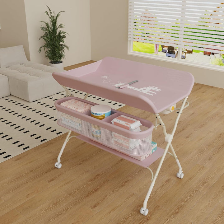 Klappbarer Wickeltisch Baby Höhenverstellbar – Mobile Wickelkommode mit Ablagekörben, Sicherheitsgur