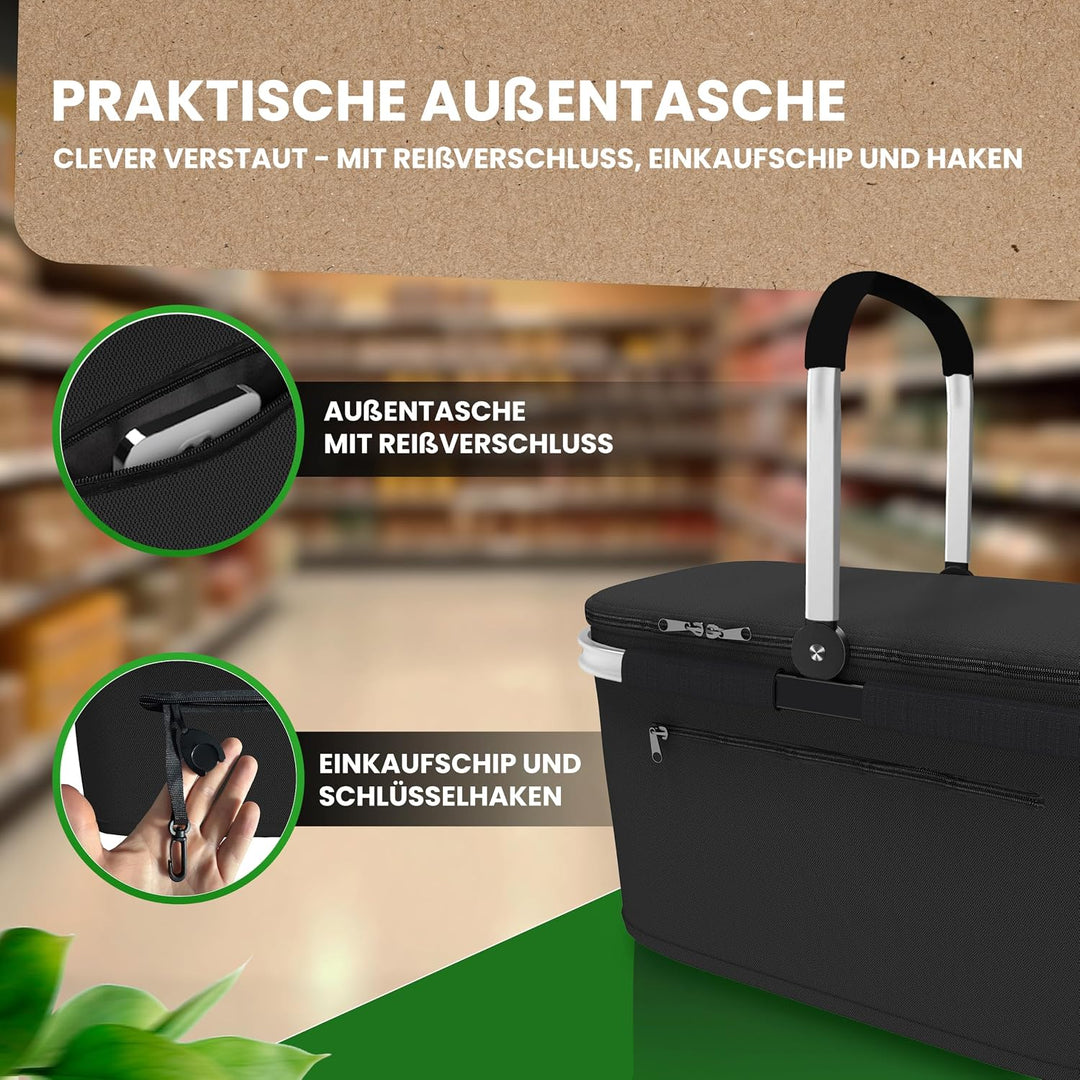 COTTARA Thermo Einkaufskorb mit Deckel – Korb Kühltasche mit Deckel, Silber Schwarz Silber, Schwarz