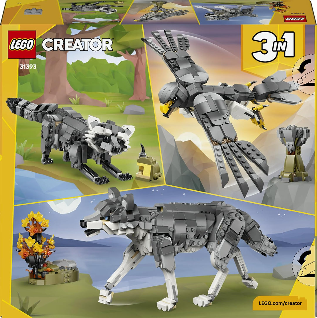 LEGO Creator Waldtiere: Wolf Spielzeug - Tierfigur mit 2 Bauoptionen - Falke oder Waschbär - DIY Dek