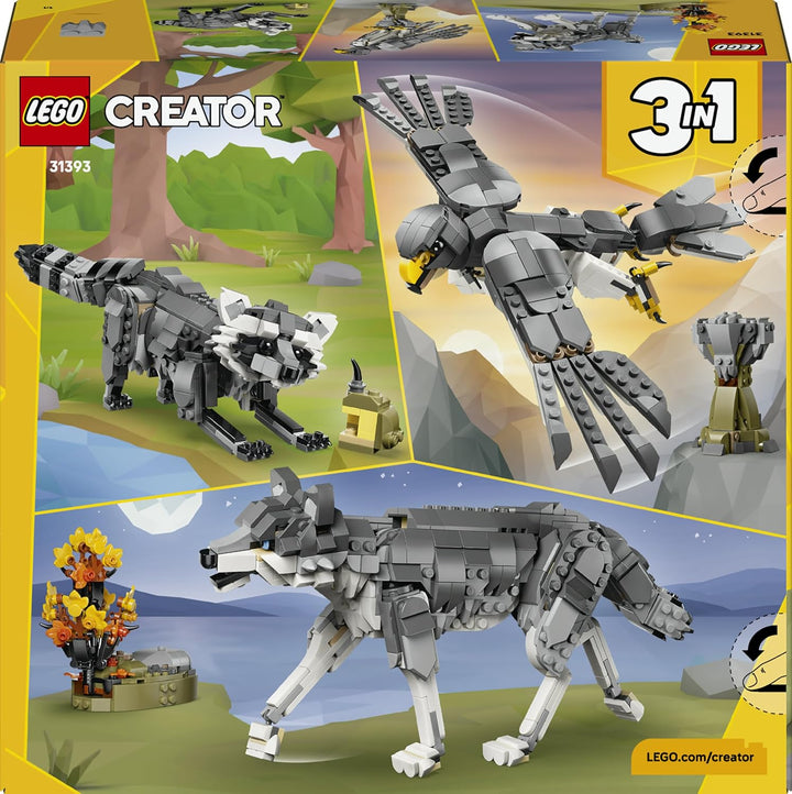 LEGO Creator Waldtiere: Wolf Spielzeug - Tierfigur mit 2 Bauoptionen - Falke oder Waschbär - DIY Dek