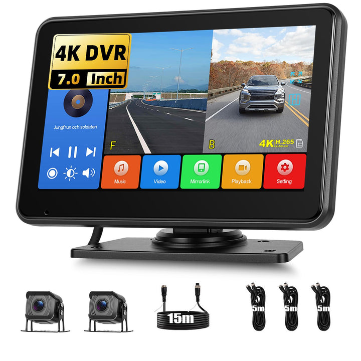 Dual Rückfahrkamera Kameras Set Kabelgebunden, 7 Zoll IPS Monitor 4K DVR mit Android Cast, IP68 Wass