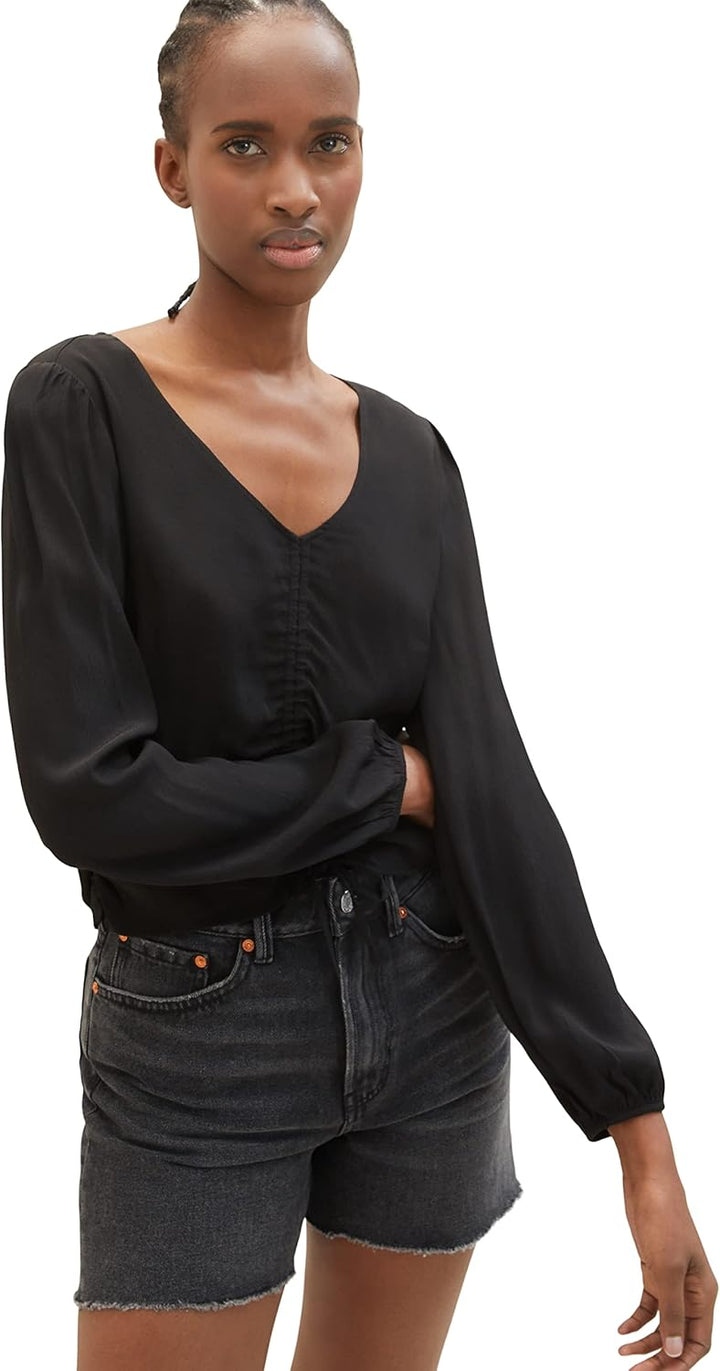 TOM TAILOR Denim Damen Cropped Bluse mit Raffdetail M 14482 - Deep Black, M 14482 - Deep Black