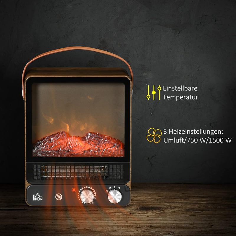 HOMCOM Elektrokamin mit Flammeneffekt, Geräuscharmer Standkamin mit Griff, regelbarer Kaminofen, 750
