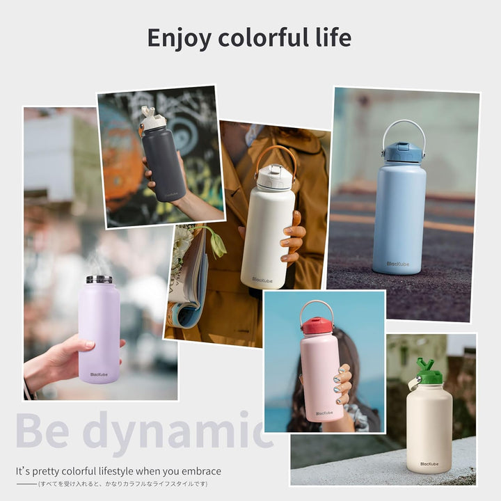 Blackube Edelstahl Trinkflasche mit Strohhalm-trinkflasche 1l-Thermosflasche Thermoskanne - BPA-Frei