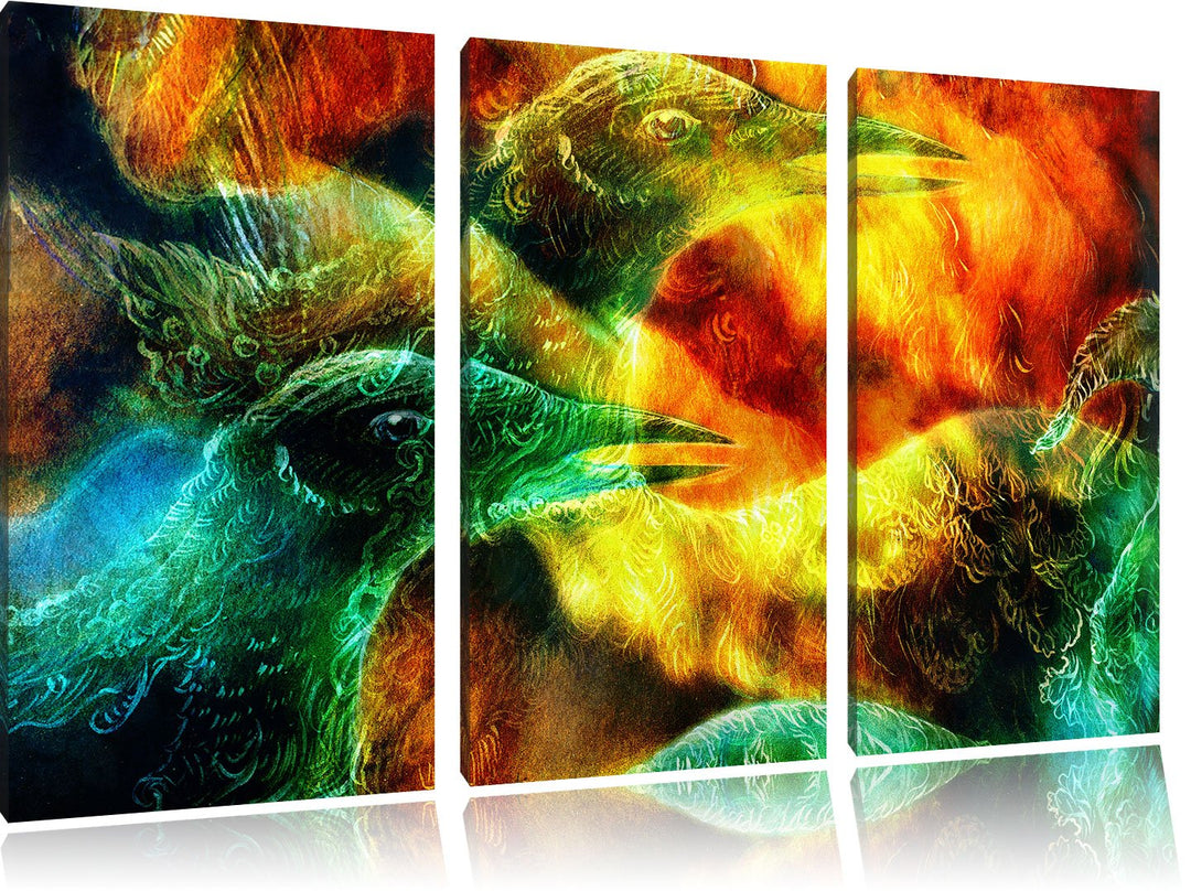Pixxprint Vogel Phönix Collage als Leinwandbild - Grösse: 3-Teilig (120x80cm) - Wandbild - Kunstdruc