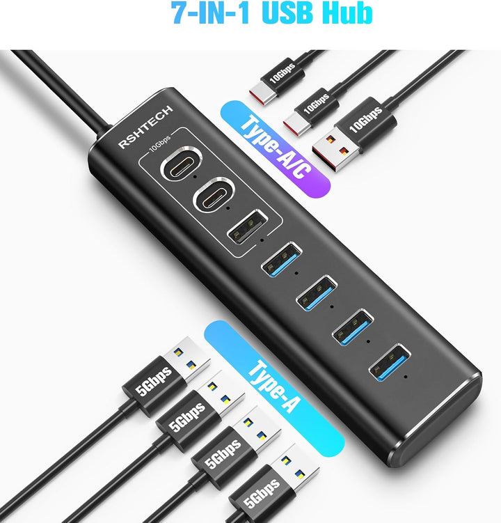 USB C Hub Aktiv mit Netzteil, RSHTECH 7-Port USB C 3.2 Hub Aktiv mit 3*10Gbps USB 3.2-Port (2*Typ-C,