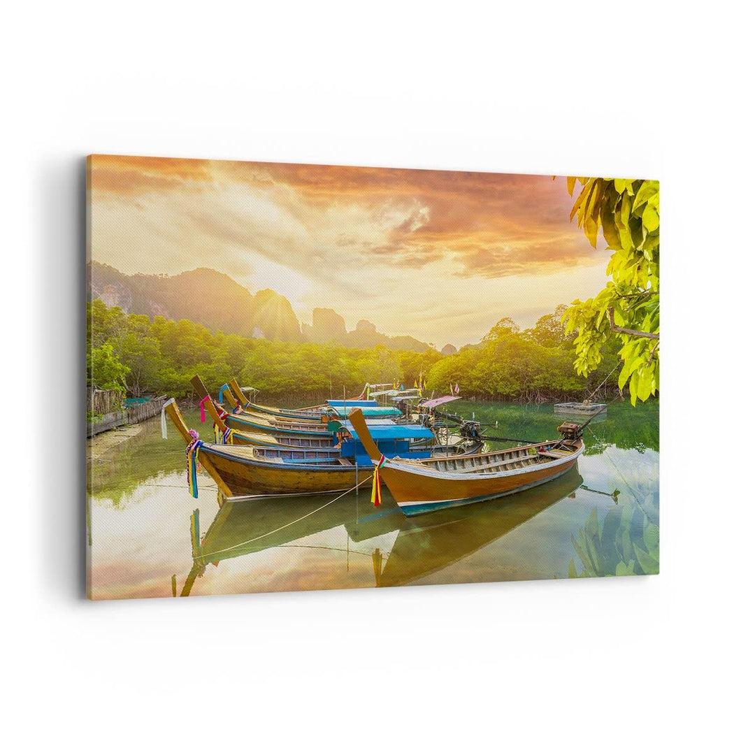 Bilder auf Leinwand 100x70cm Leinwandbild mit Rahmen Berge Boot Wasser Gross Wanddeko Bild Schlafzim