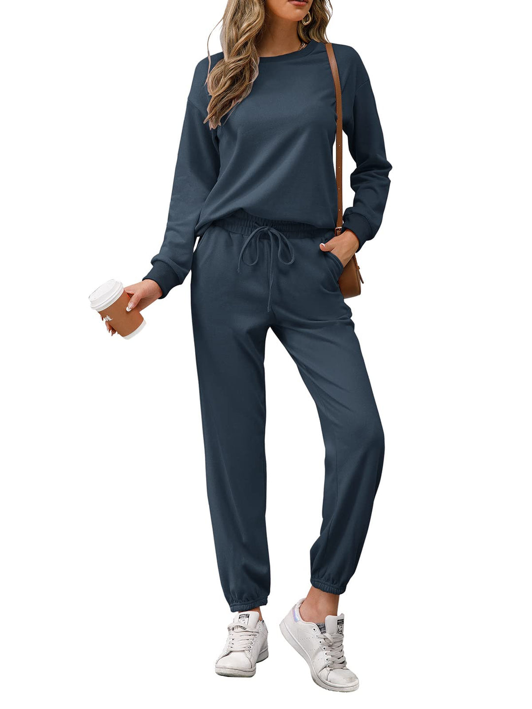 REORIA Damen Tracksuit Langarm Rundhalsausschnitt Einfarbig Zweiteiler Outfit Hoodie Jogger Training