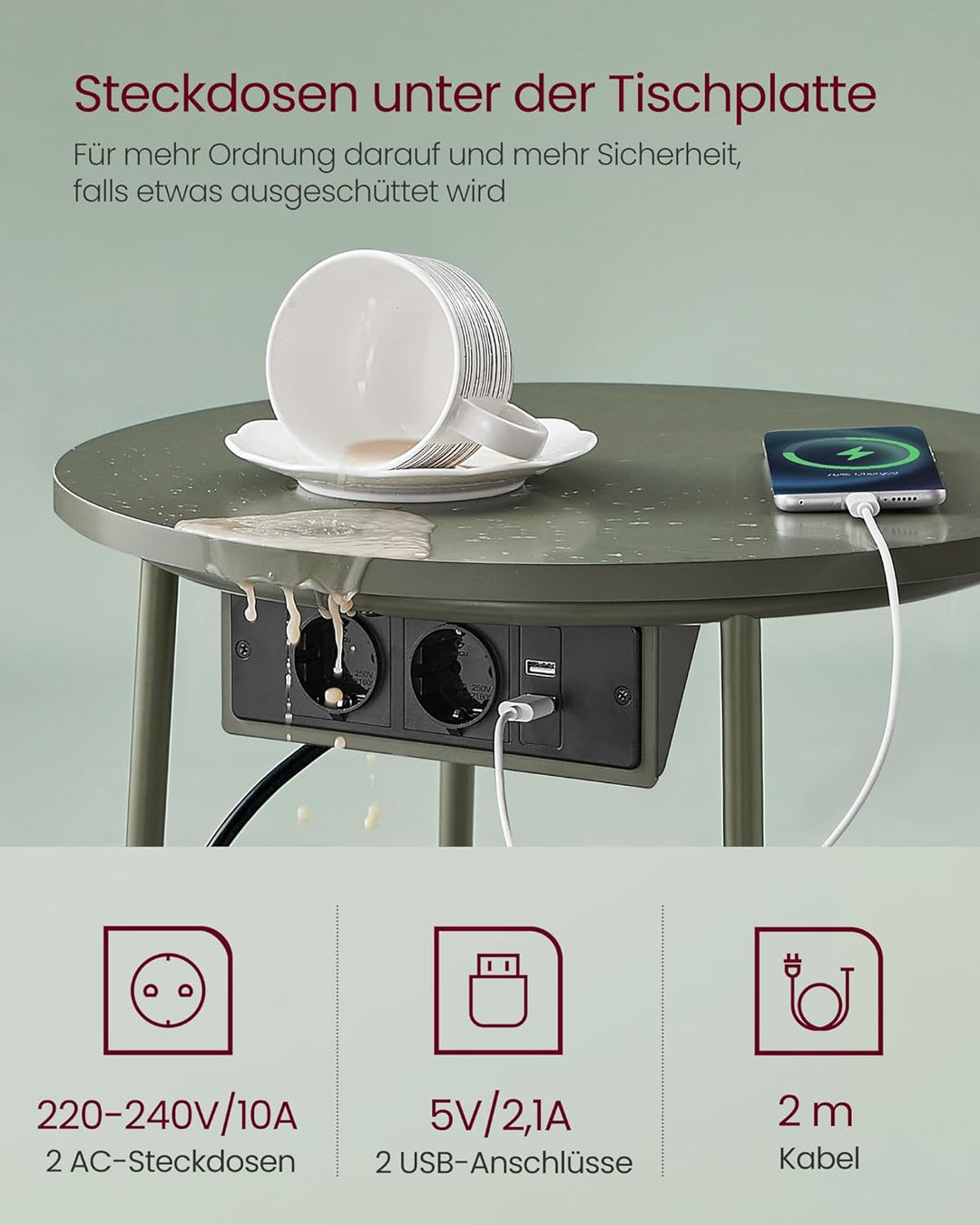 VASAGLE Beistelltisch rund, Kleiner Tisch, Couchtisch mit Steckdose, Wohnzimmertisch, Korb aus Stoff