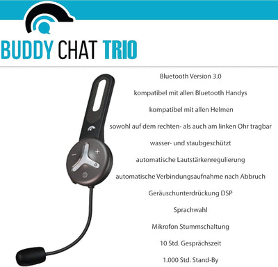 BuddyChat Trio - Gegensprechanlage mit 3X Bluetooth Module mit Reichweite bis 1km - Freisprechanlage