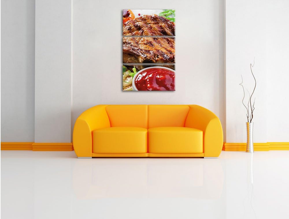 Pixxprint Gegrilltes Steak als Leinwandbild/Grösse: 3 Teilig (120x80) cm/Wandbild/Kunstdruck/fertig