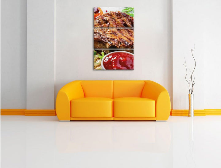 Pixxprint Gegrilltes Steak als Leinwandbild/Grösse: 3 Teilig (120x80) cm/Wandbild/Kunstdruck/fertig