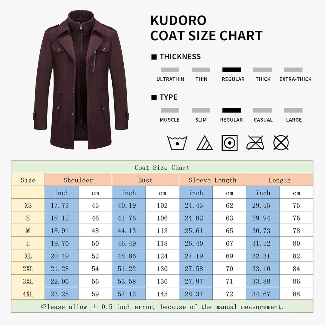 KUDORO Herren Wintermantel Wolle Kurzmantel Herren Wollmantel Mittellang Slim Fit für Business Freiz