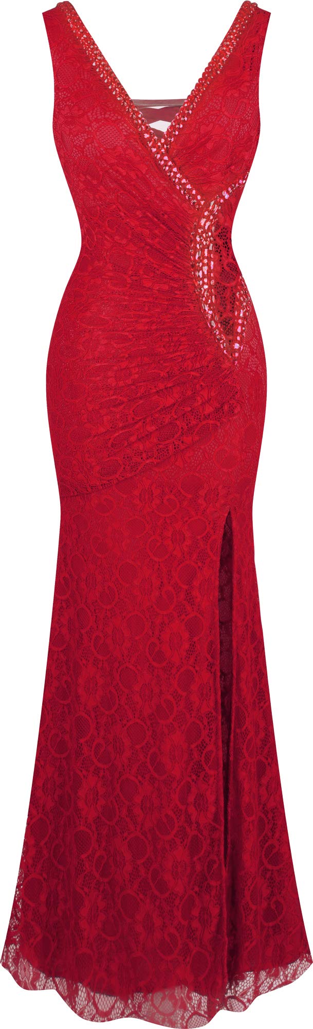 Angel-fashions Damen V-Ausschnitt Spitze Teilt Gekräuselt Bördeln Mantel Hochzeitskleid, Rot
