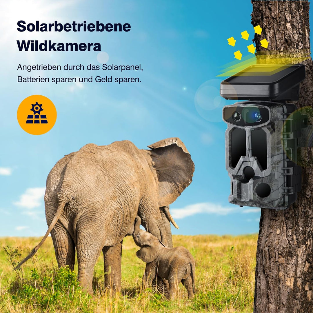 VOOPEAK Solar Wildkamera Duales Objektiv, 4K 60MP Wildkamera WLAN Sternenlicht Nachtsicht, Wildtierk