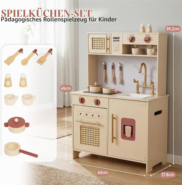 WoodenFun Rosa Retro Kinderküche aus Holz Creme-Beige Spielküche mit Mikrowelle, Backofen, Spüle &amp; Z