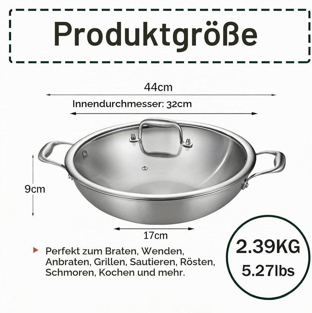 Servierpfannen 32cm,Bräter mit Deckel,Edelstahl Pfanne,Zweihandgriff Dreischicht Edelstahl Kochpfann