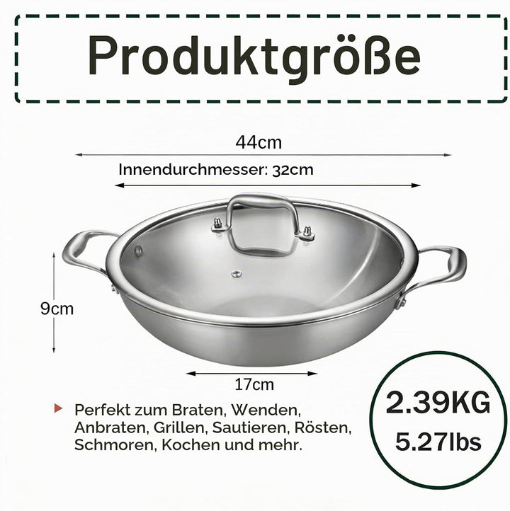Servierpfannen 32cm,Bräter mit Deckel,Edelstahl Pfanne,Zweihandgriff Dreischicht Edelstahl Kochpfann