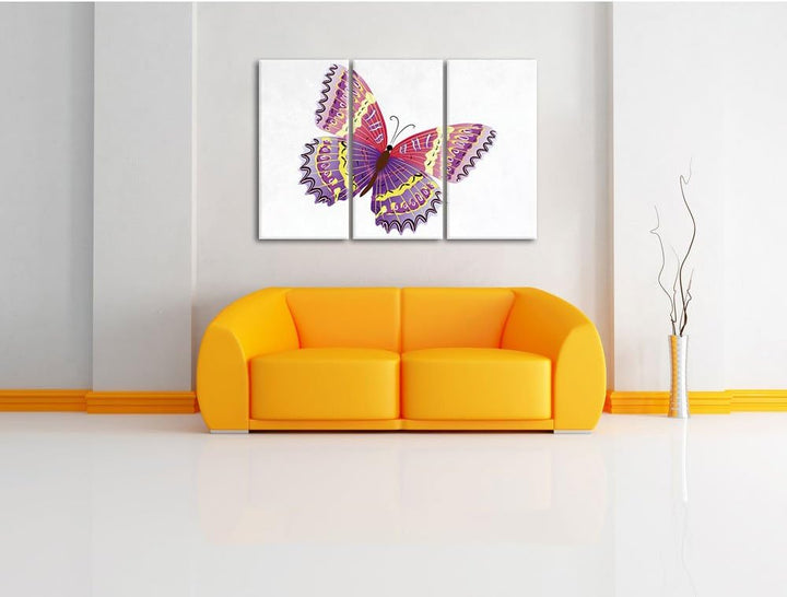 Pixxprint Hübscher Pinker Schmetterling weiss 3-Teiler Leinwandbild 120x80 Bild auf Leinwand