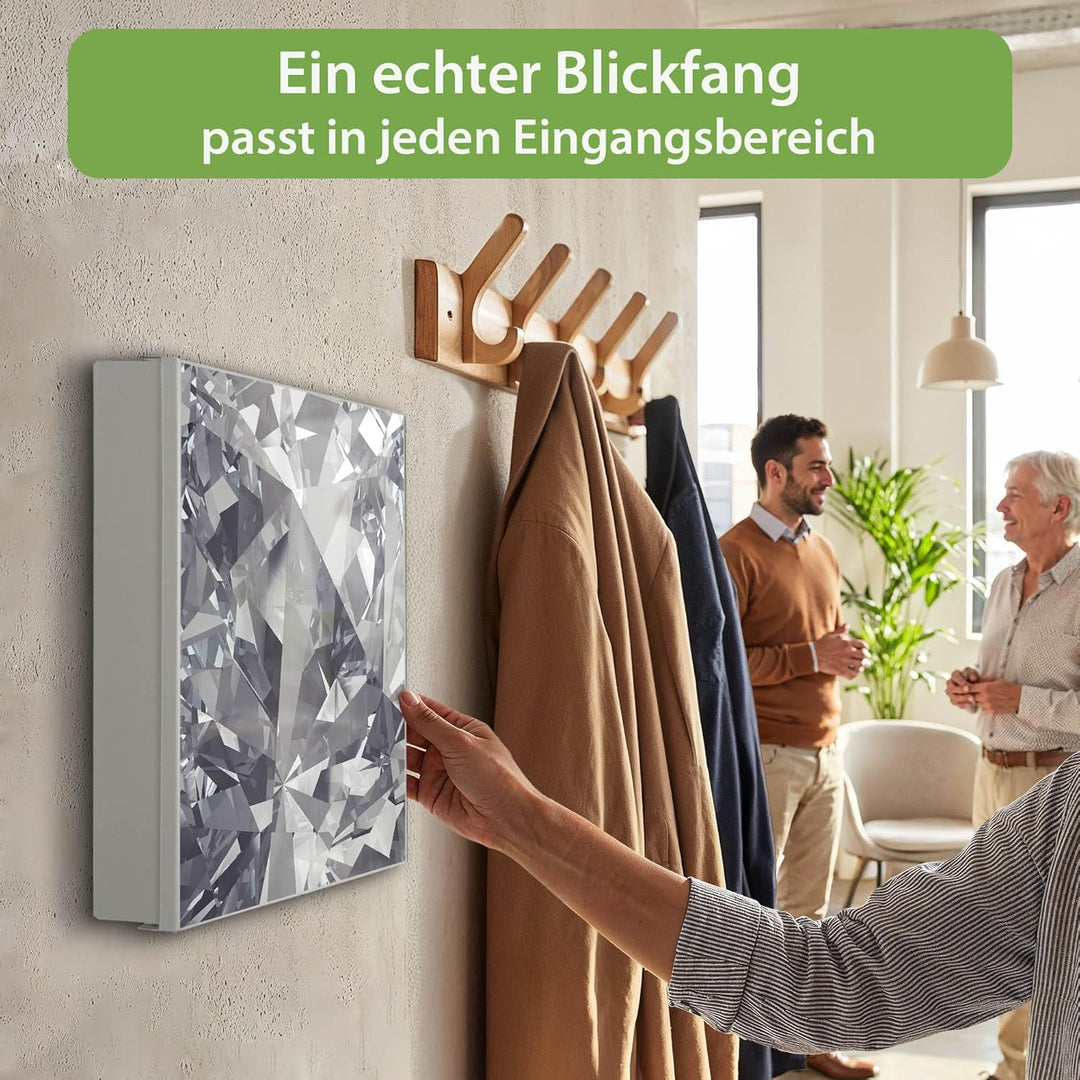 banjado® Grosser Schlüsselkasten Glas/Schlüsselbox 30cm x 30cm mit 50 Haken - Motiv Facetten Monochr