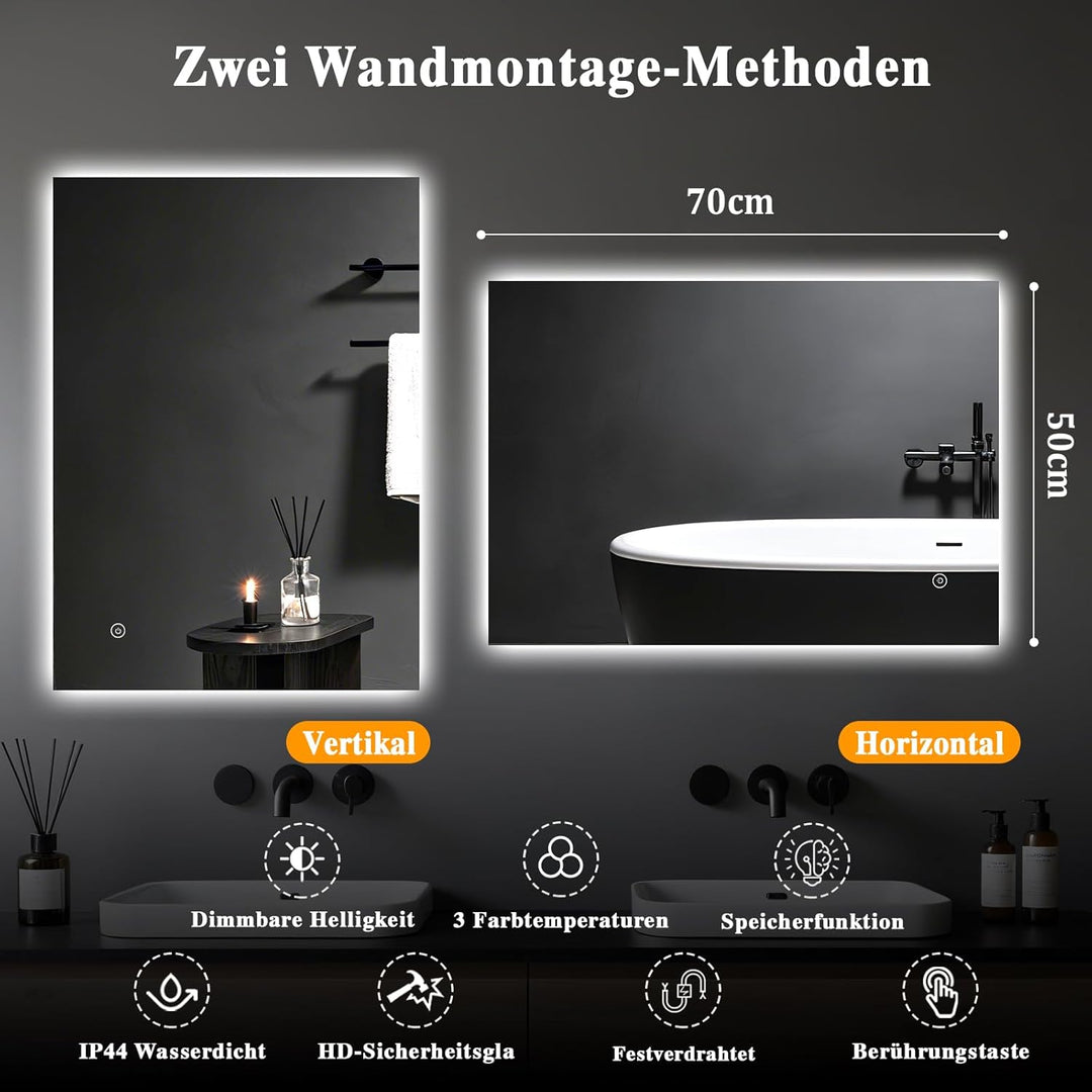 Archaluxe Badspiegel-mit-Beleuchtung 50x70cm - Badezimmerspiegel LED Badezimmer Spiegel mit Beleucht