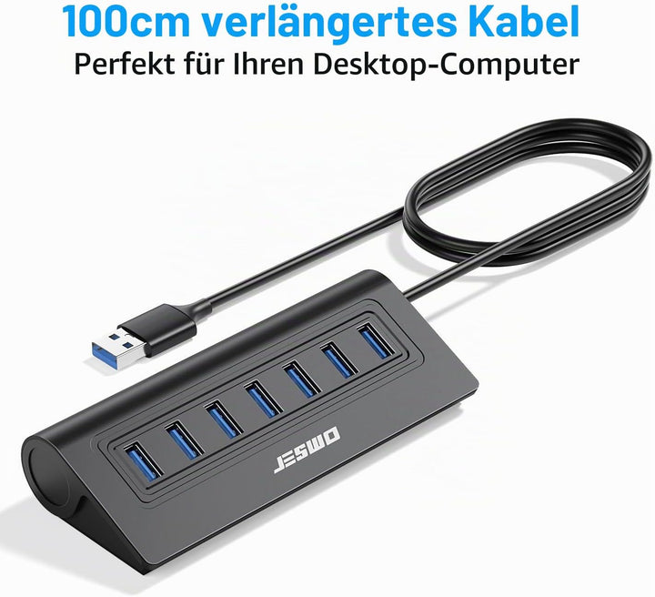 USB HUB mit Netzteil, JESWO 7-Port USB 3.0 Hub, Aluminium USB Verteiler Datenhub mit 100cm Kabel, US