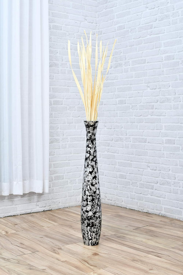 Leewadee Grosse Bodenvase für Dekozweige hohe Standvase Design Holzvase, Holz, 70 cm, Schwarz Silber