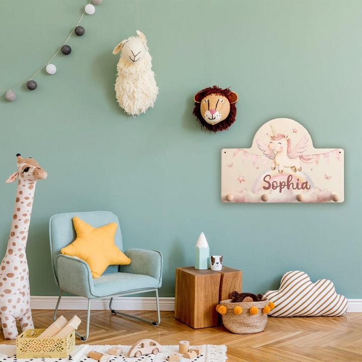 GRAVURZEILE Personalisierte Kindergarderobe - Einhorn - Personalisiert mit Name - Garderobe aus Holz