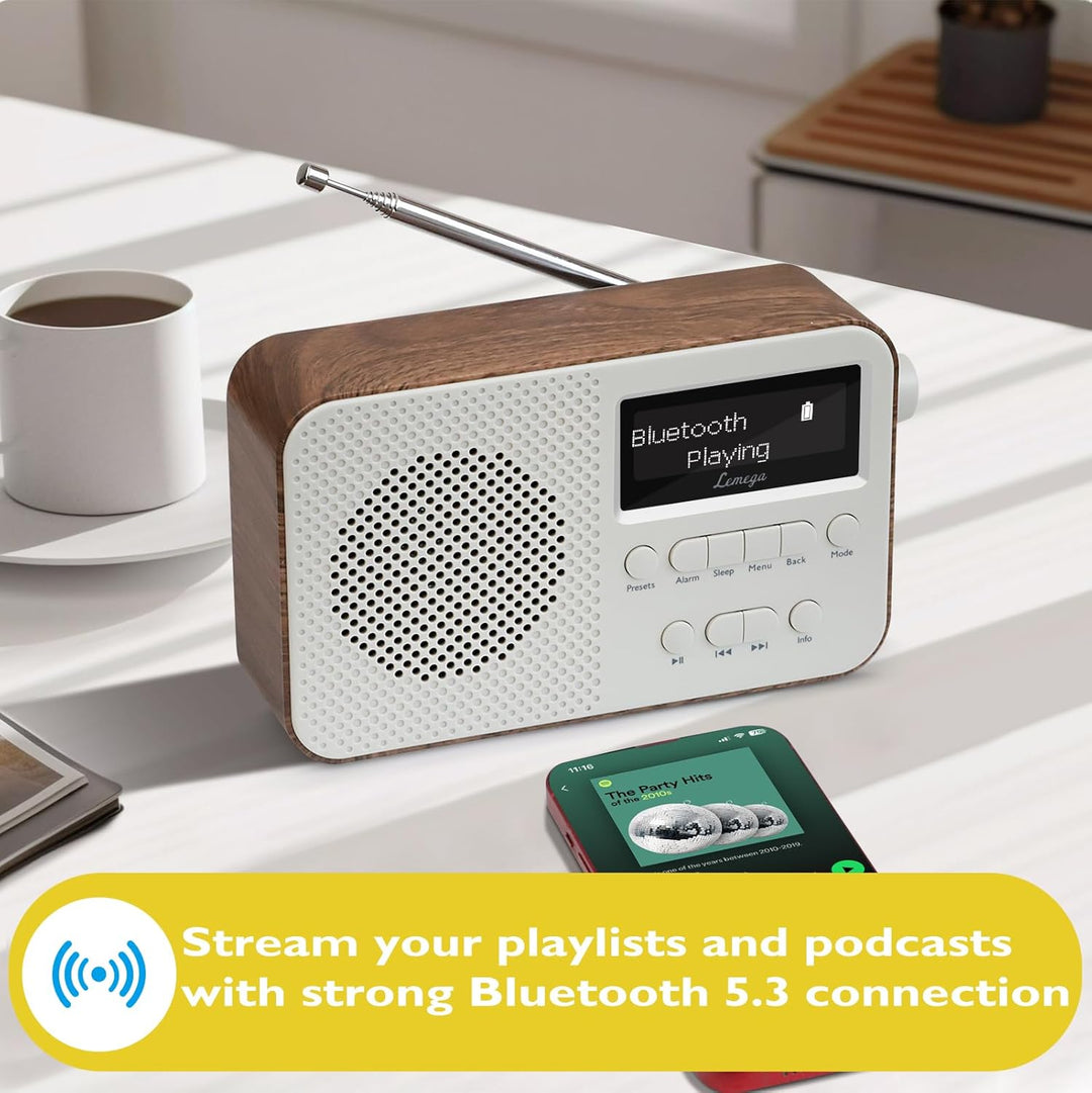 DAB-Radio mit Bluetooth, Digitalradios Netz- und Akku, wiederaufladbarer Akku, 15-Stunden-Wiedergabe