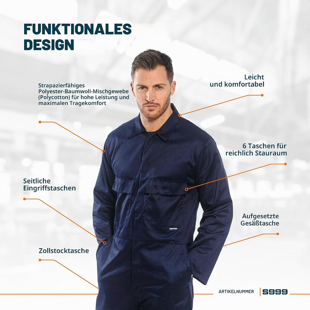 Portwest S999 Herren Euro-Arbeitskleidung Polycotton Overall Arbeitsanzug Blau Navy 6XL, Blau Navy 6