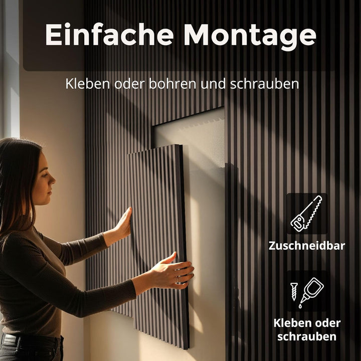 Akustikpaneele 60x60cm, 4 Stück Walnuss, Wandverkleidung Wanpaneele Holz, Lamellenwand mit Geräusche
